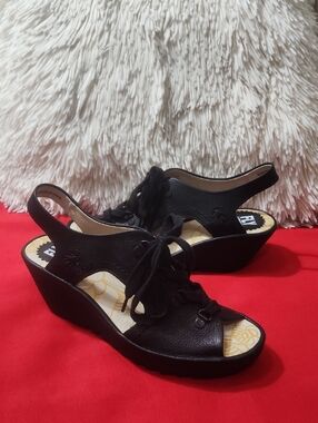 Fly London YLVA Wedge Leather Black Lace Up Sandals